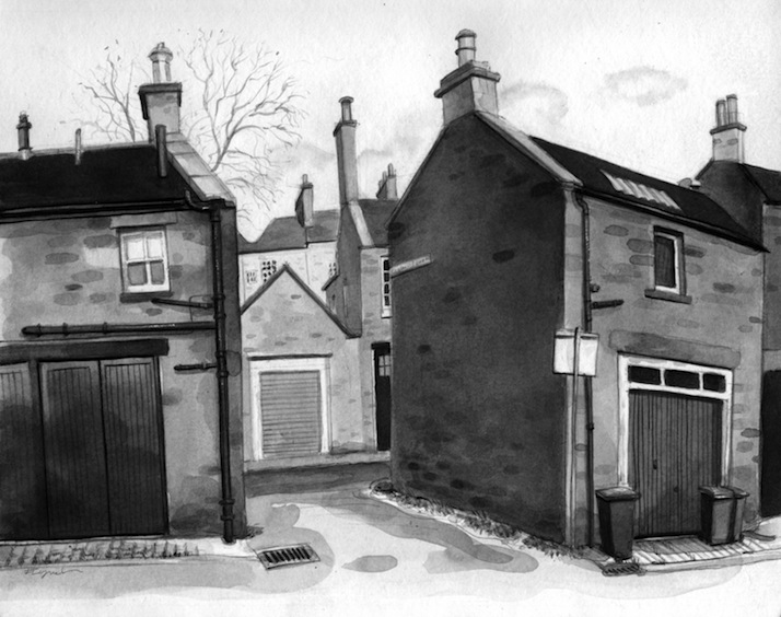 An Edinburgh alley-way, in ink